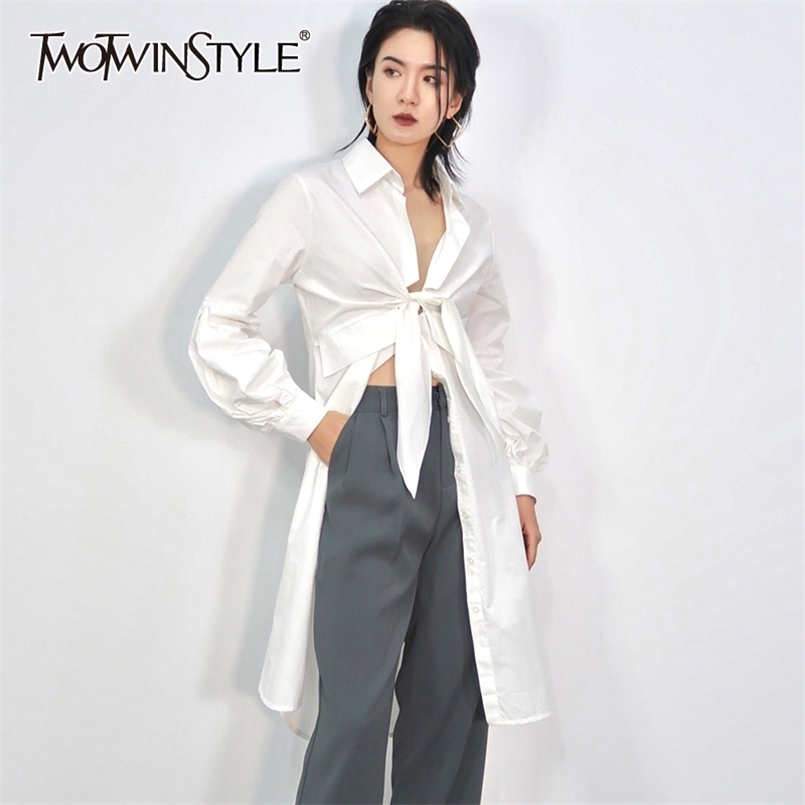 

Casual Mid White Blouse For Women B Neck Long Sleeve Lace Up Korean Shirt Female Fashion Clothing 210524