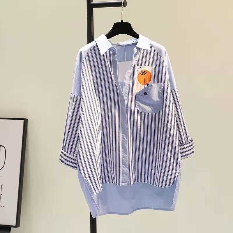 

Arrival Spring/autumn Women Casual Loose Striped Cotton Turn-down Collar Blouse Single Breasted Asymmetrical Shirt W60 210608, Light blue