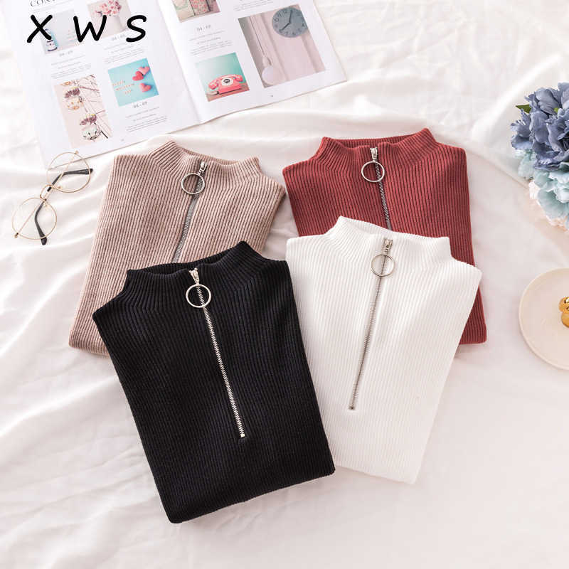 

casual Zipper Turtleneck Sweater Women Solid spring autumn female Knitted sweater Pullovers long Sleeve chic Soft Jumper top 210604, Black
