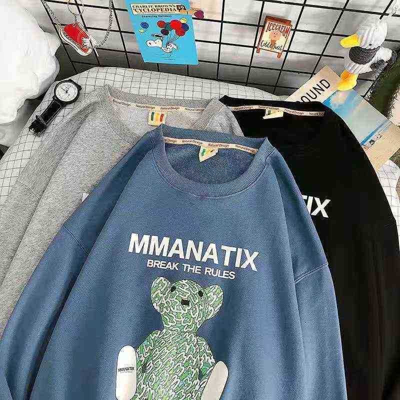 

Round neck sweater men's fashion brand bear loose large long sleeve top Korean hip hop Pullover, Black