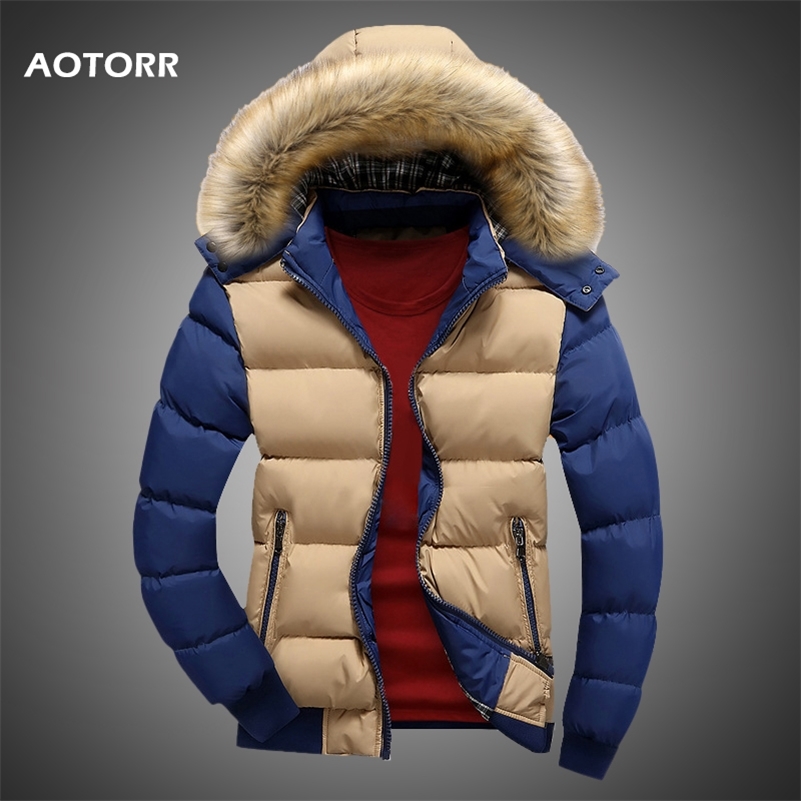 

Men Down Jacket Winter Male Casual Hooded Outwears Coat Warm Fur Parka Overcoat Men's Solid Thick Fleece Zipper Jackets 211110, Fk047 khaki blue