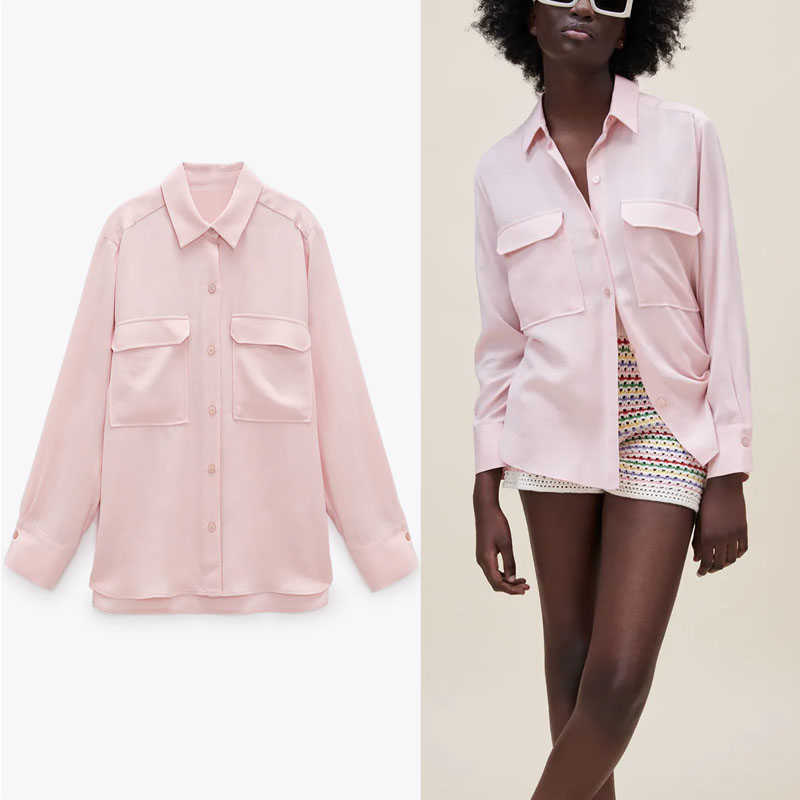 

Za Pink Shirt Women Flowy Long Sleeve Asymmetric Office Lady Shirts Woman Fashion Flap Patch Pockets Button Up Summer Top 210602