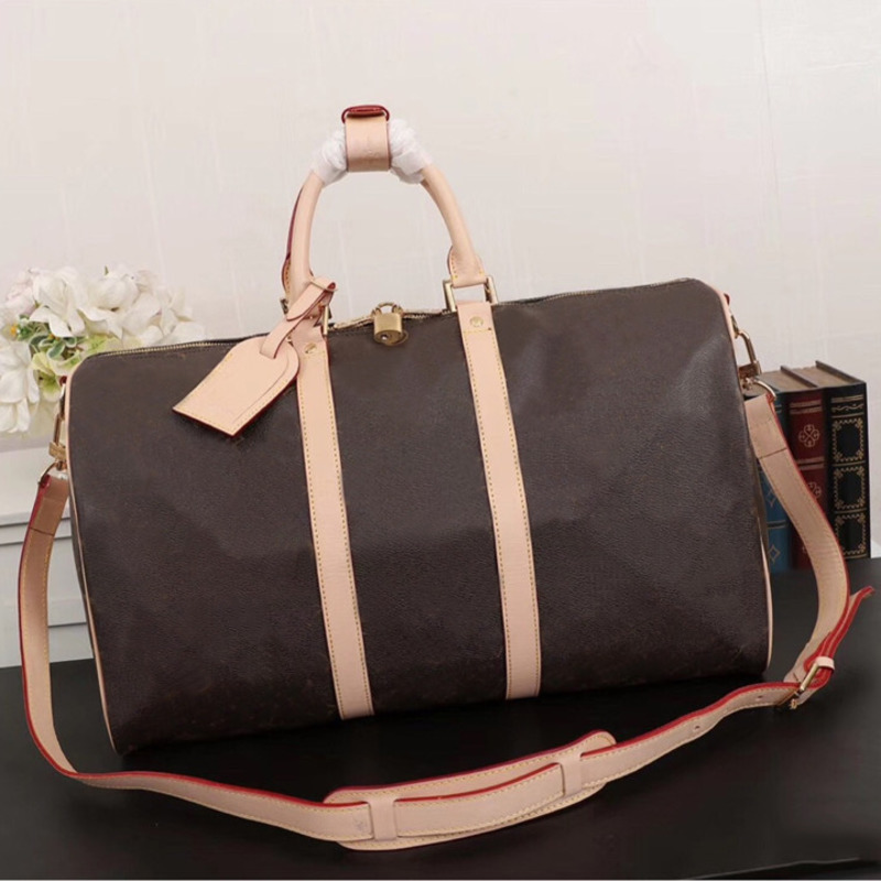 

55cm 50cm 45cm Brown flower women handbags purses keep all travel duffle duffel bags Real leather tote clutch shopping bag, Black flower