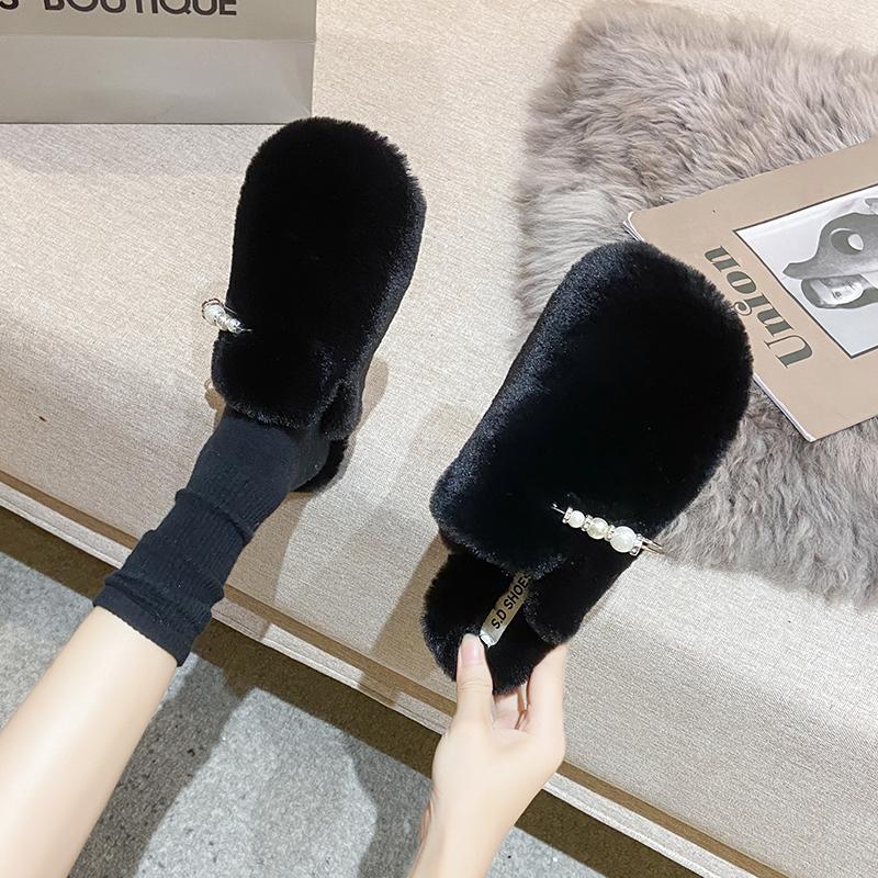 

Slippers 2021 Hairy Shoes Korean Version Women House Furry Fashion Warm Plush Ladies Fluffy Pearl Flat, Khaki