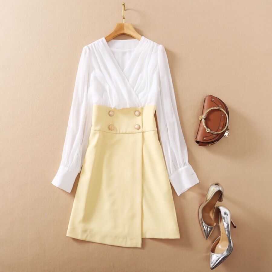 

HIGH QUALITY est Fashion Women's Sexy V-Neck Long Sleeve White Draped Patchwork Yellow Double-Breasted Elegant Dress 210526