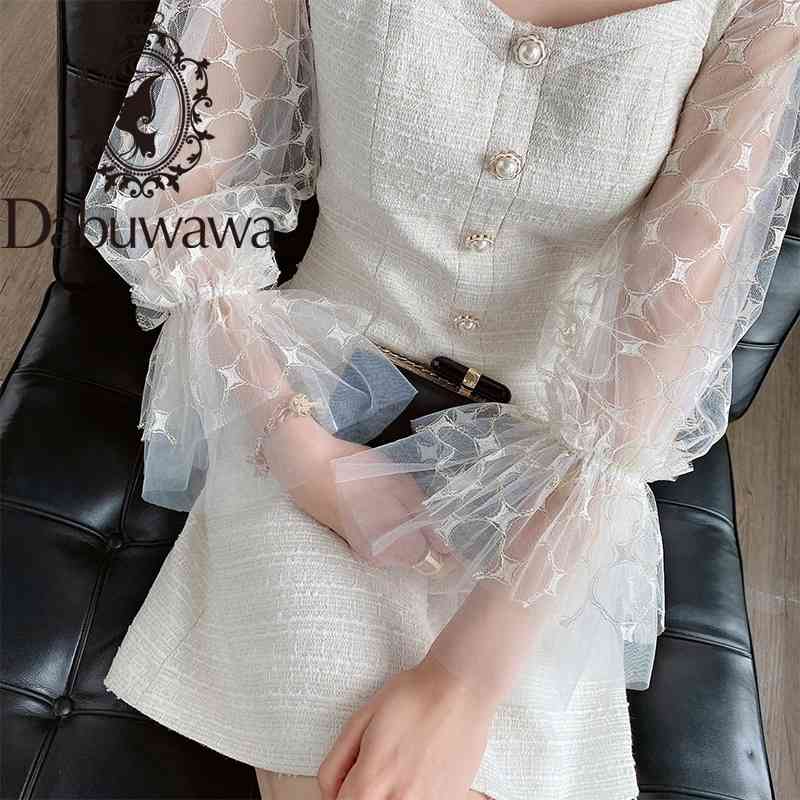 

Dabuwawa Vintage Mesh Lantern Sleeve A-Line Dress Women Square Neck Button Front Elegant Solid Party Dress Ladies DT1CDR018 210520, Beige