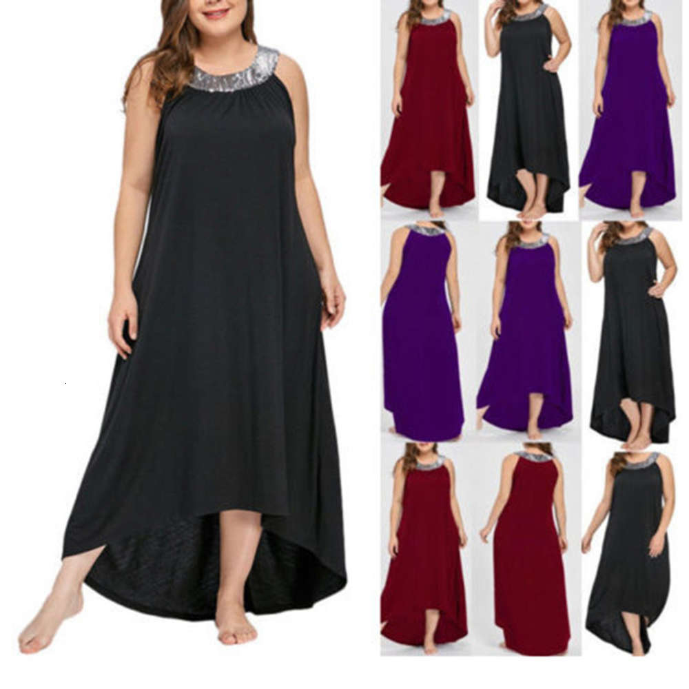 

Spring and summer fashion round neck hanging sequins no sleeve length large size dress for women, Black;gray