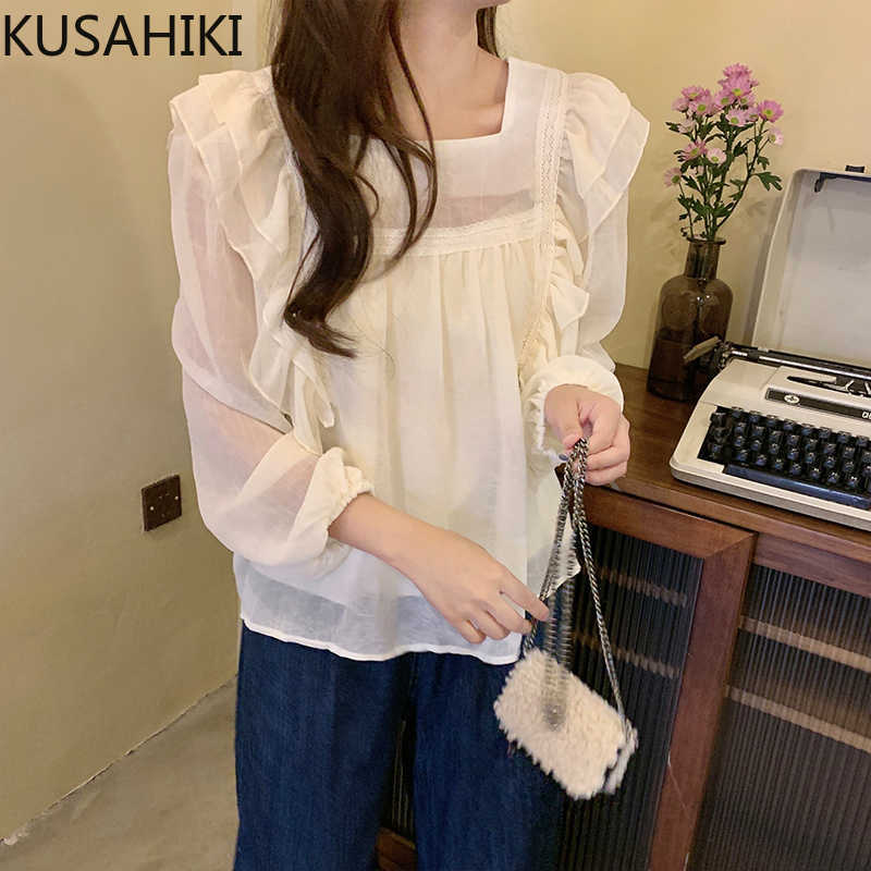 

KUSAHIKI Plus Size Women Chiffon Blouse Ruffle Square Collar Puff Sleeve Shirt Spring Korean Pullover Blusas Top 6F160 210602, Photo color