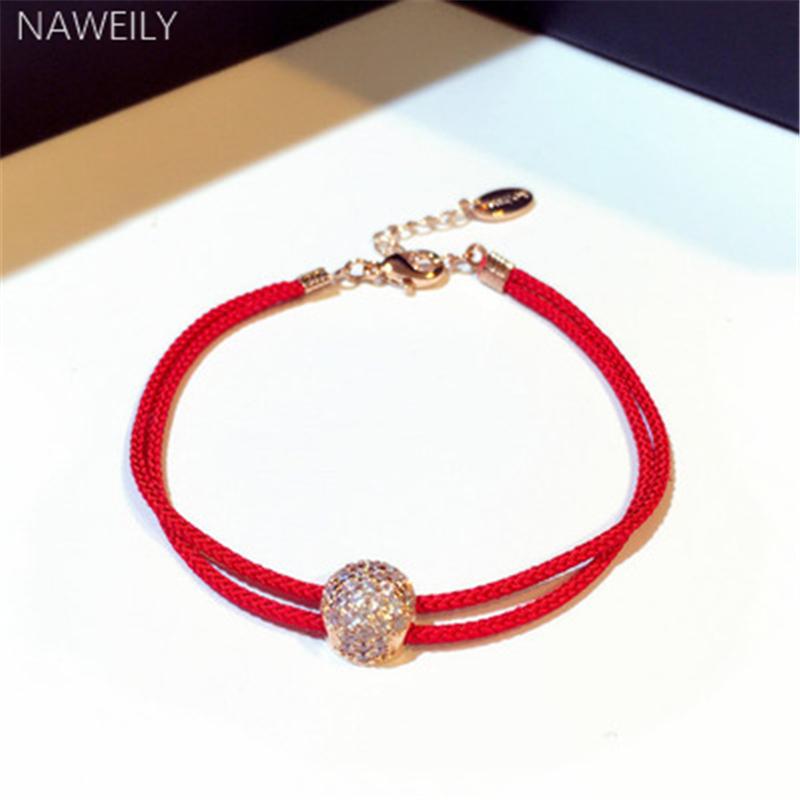 

Charm Bracelets NAWEILY Lucky Double Chains Red String For Women Girl Gold Color Shiny Rhinestone Ball Bracelet Fashion Fine Gift