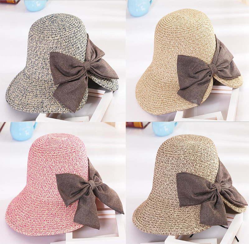 

Women Straw Hats With Bow-knot Adjustable Sunhat Snapback Fashion Folding Hip Hop Sun Bonnet DB790, Multi
