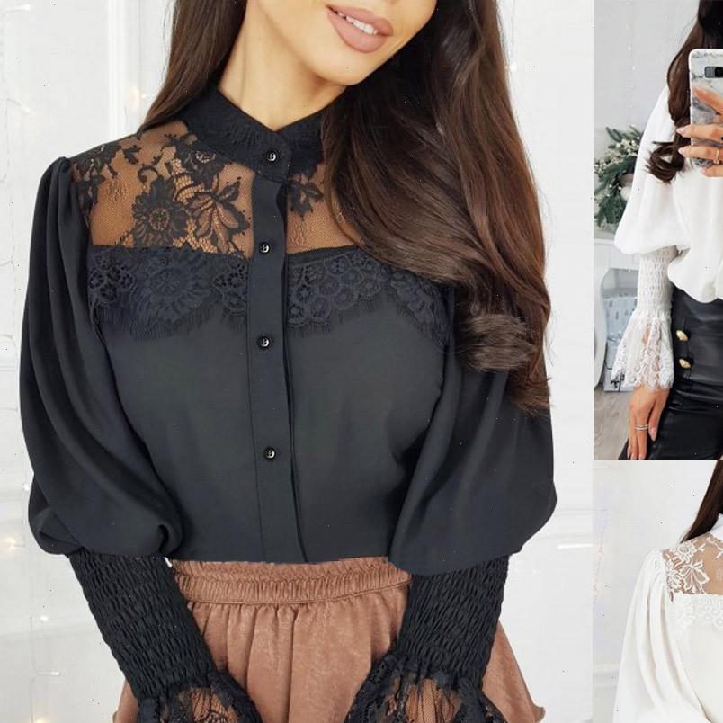 

Women Sexy Womens Shirt Tops Blouse Hollow Out Solid Long Sleeve Stand Collar Lace Ladies See Through fashion G35, White