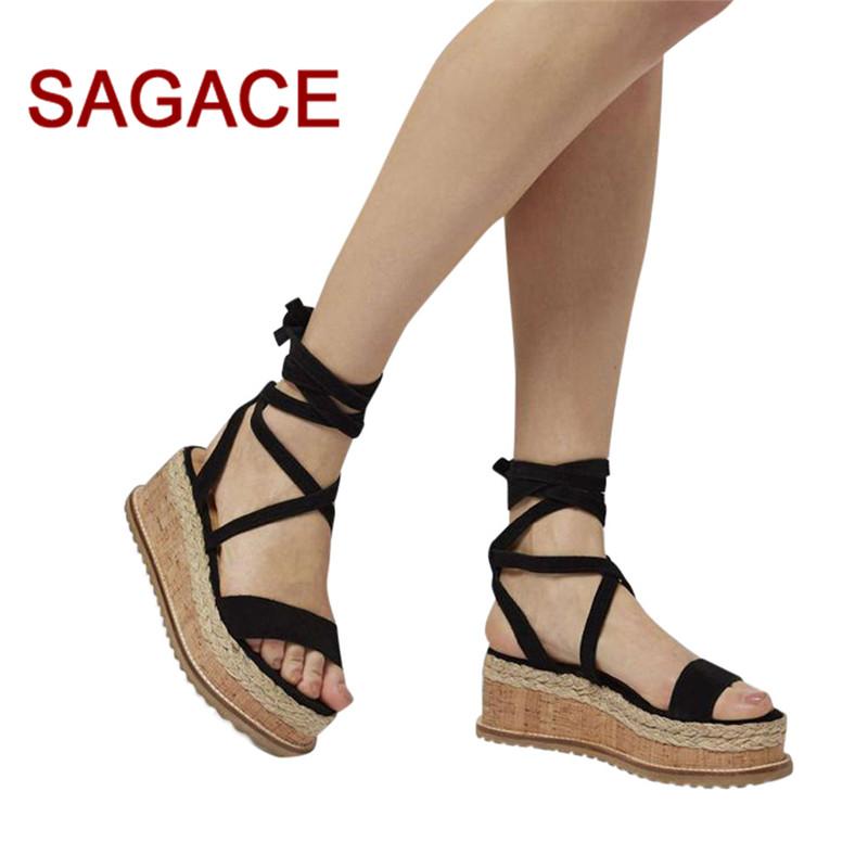

Fashion Ladies Women Roman Shoes Platform Woven Thick-bottom Waterproof Wedge Sandals, Black