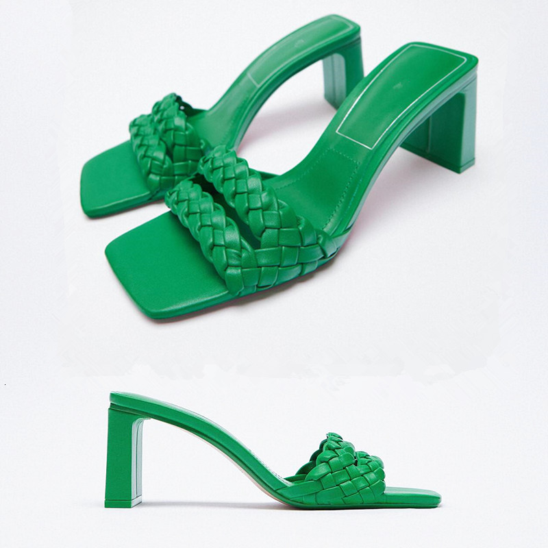 

slippers za high heel green woven women's outdoor sandals summer new fashion square toe lady shoes rqdv, Black