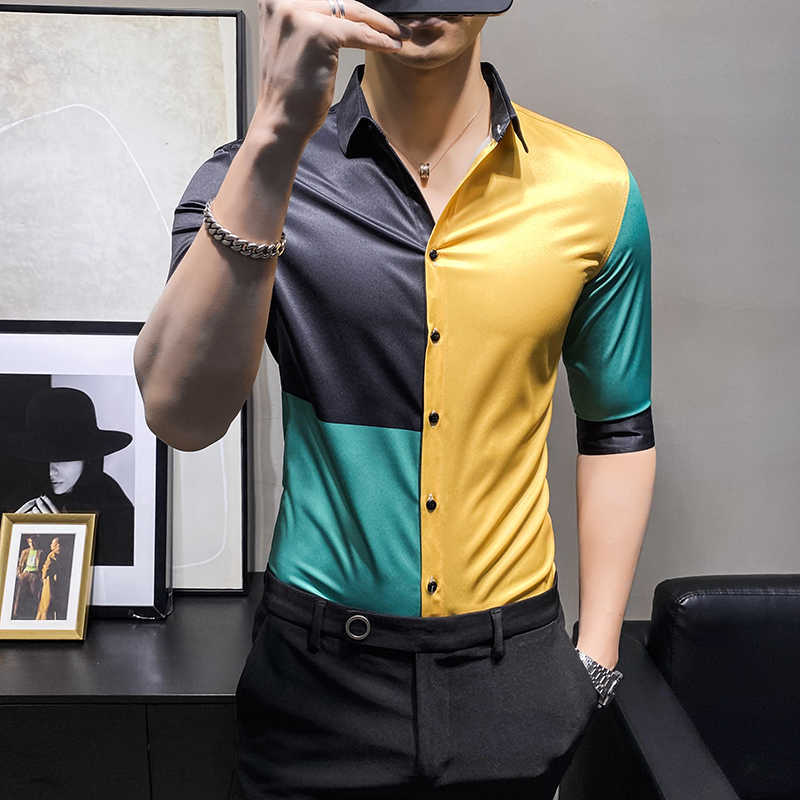 

Summer Shirts Men Korean Splicing Male Business Dress Shirts Short Sleeve Slim Casual Shirt Social Streetwear Clothes 210527, Yellow