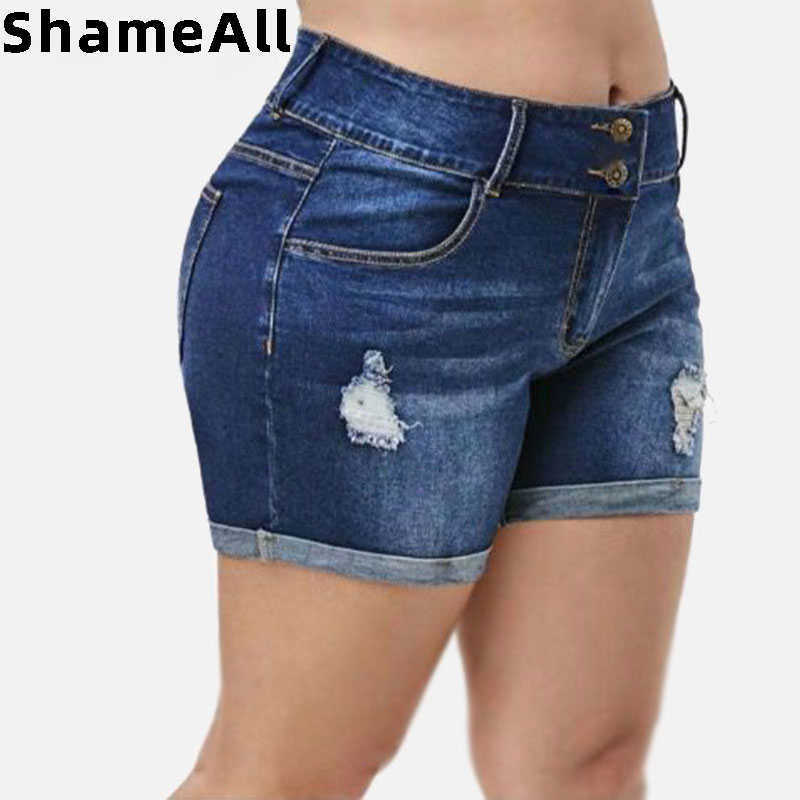 

Plus Size Streetwear Push Up Slim Hip Cuffed Short Jeans 3xl 4xl Summer Korean Holes Women Ripped Casual Denim Shorts 210611, Dark blue