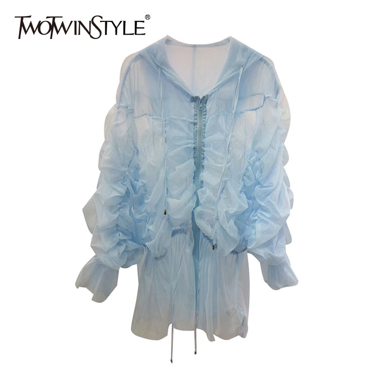 

Elegant Ruffle Solid Coat For Women Hooded Long Sleeve Patchwork Zipper Korean Coats Female Summer Fashion 210524, Pink