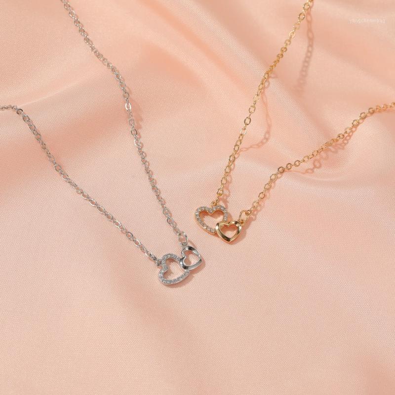

Chains DZOT Trendy Simple Love Silver Gold Color Necklace Temperament Double Peach Heart Pendant Collarbone Chain Gifts For Party