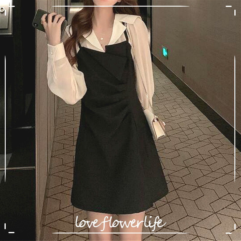 

Elegant Dress Women Casual Patchwork Long SleeveOffice Lady Dress Female Irregular Slim Black Dress Korean Autumn 210521