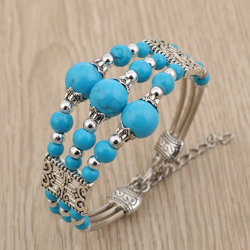 

women's Color beads wide Tibetan silver Turquoise Link Chain Bracelets GSTQB013 fashion gift national style women men's DIY bracelet