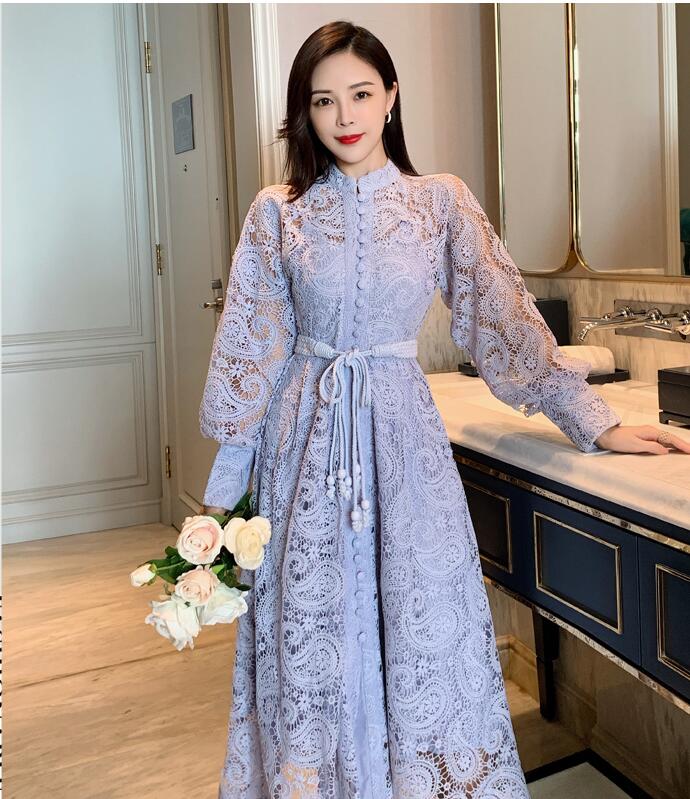 

2021 A Line Elegan Woman Dresses Fashiion Spring Vintage Purple Lace Single-breasted High Waist Vestido Long Puff Sleeve Elegant Party, Black;gray