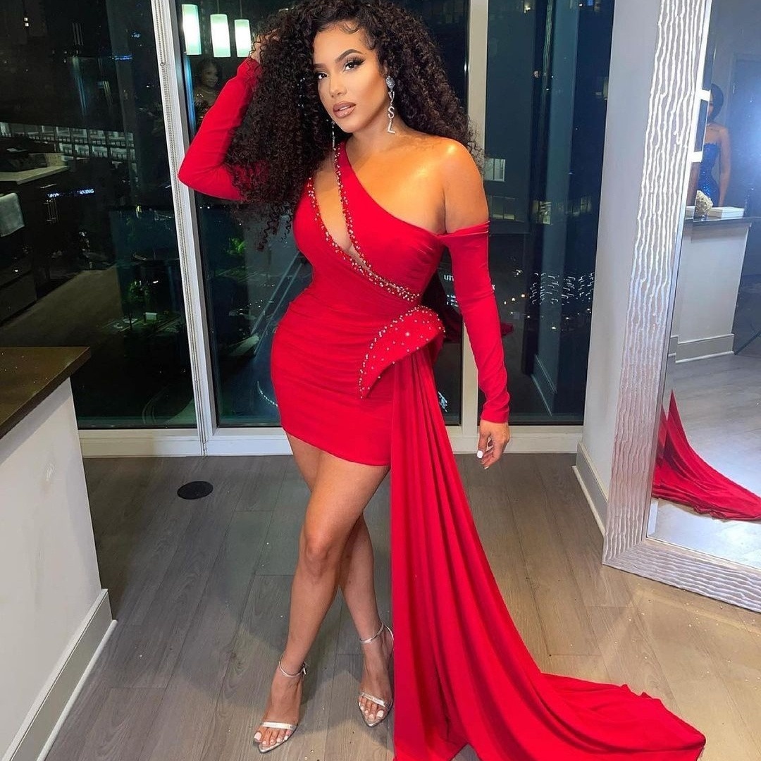 

2021 Red Short Prom Dresses Long Sleeves Elegant Formal Evening Gowns Sexy Party Wear vestido de novia, Hunter