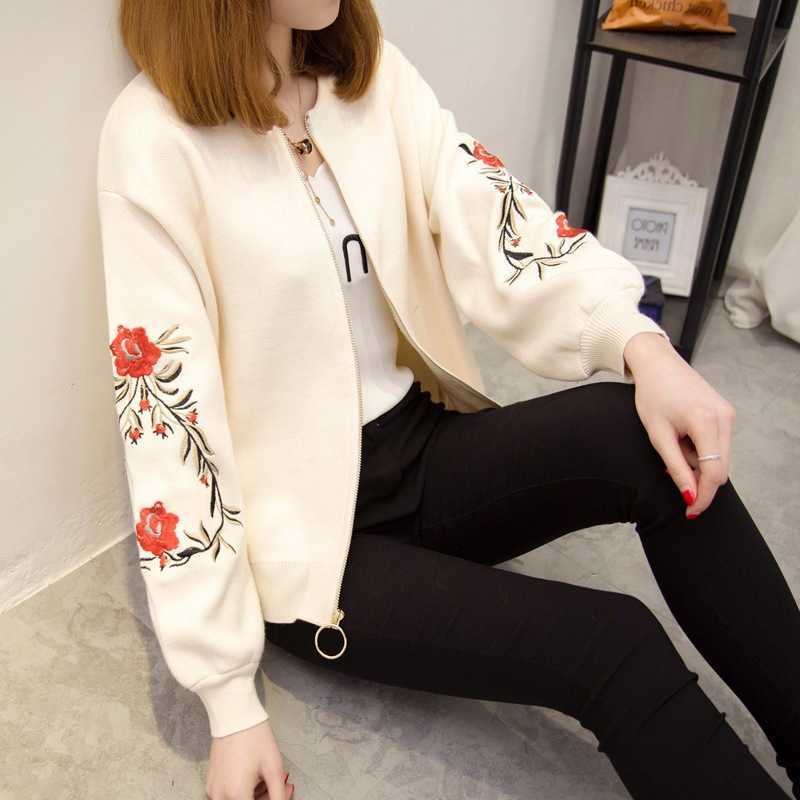 

Women' sweater autumn and winter women' embroidery knit long-sleeved round neck short coat jacket 210527