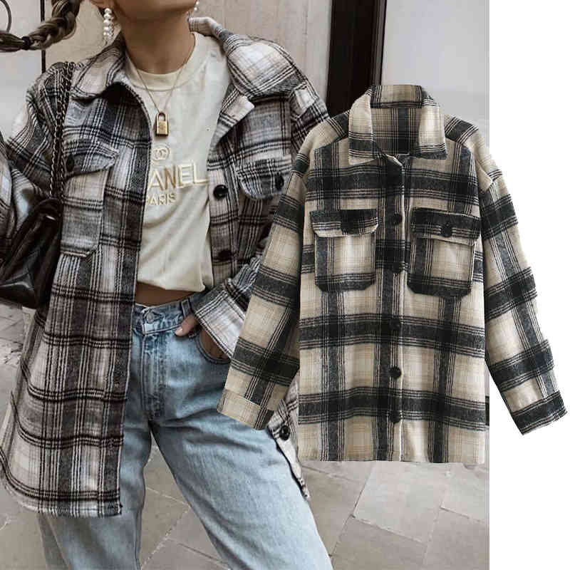 

Women' Suits & Blazers autumn Turn Down Collar Woolen Coat Plaid Print Elegant Wool Jacket Autumn Long Casaco Feminino RFF8, Black