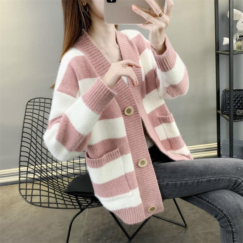 

Women's Stripes Sweater Cardigans Long Sleeve V Neck Big Pockets Sweaters Winter Loose Knitted Outwear, Green