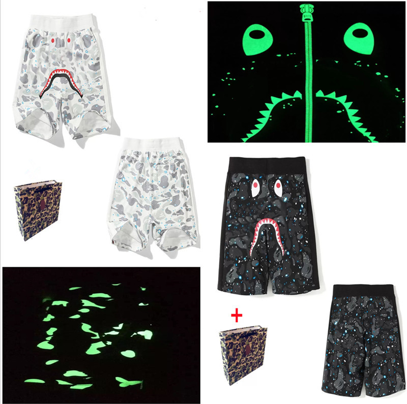 

5-5 Apes men shorts quick-drying Men's swimming camouflage Luminous Shark Head beach striped casual pants Bring tote bag, White;black