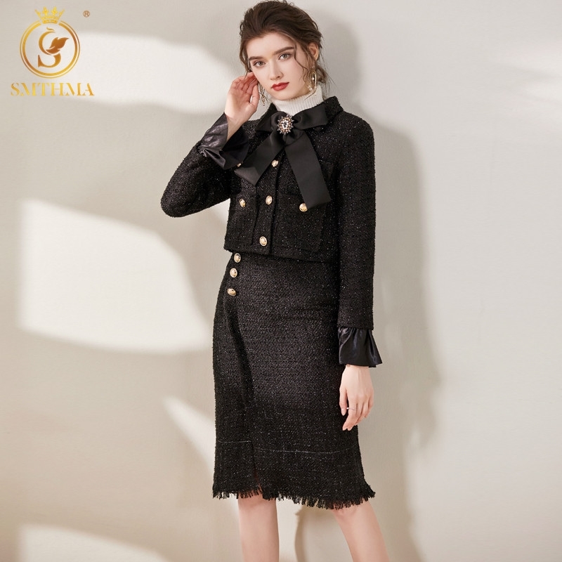 

Winter Vintage Tweed Two Piece Sets Women' Woolen Short Jacket Coat and High Waist Tassel Skirts Suit 210520, Photo color