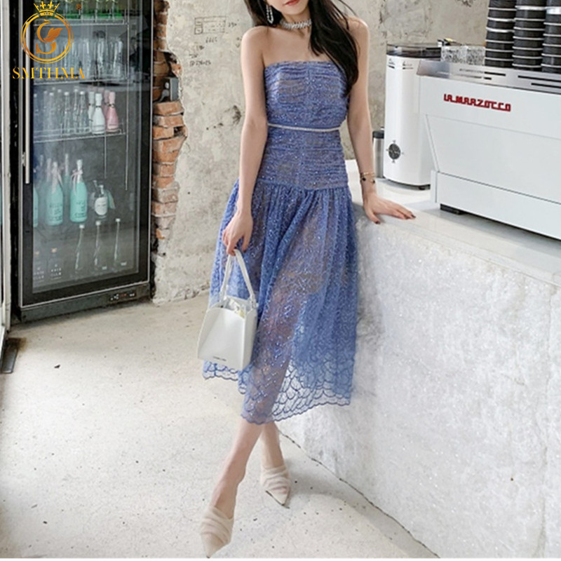 

Arrival Runway Summer Dress Blue Lace Sequin Embroidery Sexy Backless Slim Party Vestidos 210520, Photo color