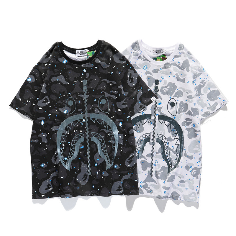 

Camouflage ape head shark new fashion loose trend short sleeve T-shirt for men, White;black