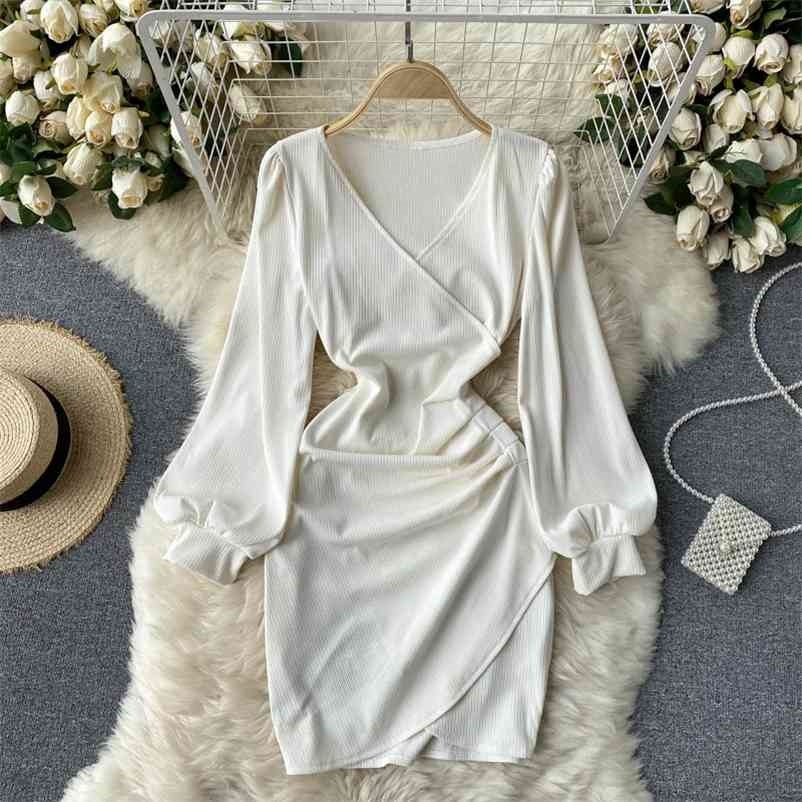 

Women Long Puff Sleeve Waist Pleated Irregular Buttocks Dress Solid Color V-neck Fashion Spring Summer 11B347 210525, Black