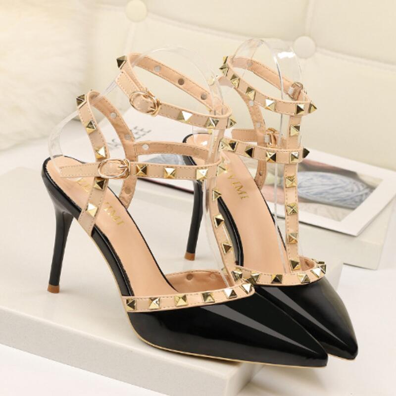 

Pointed Toe PU high heels patent exclusive brand needle rivet shallow mouth pumps wave 9cm Party Wedding Shoes, Bronze
