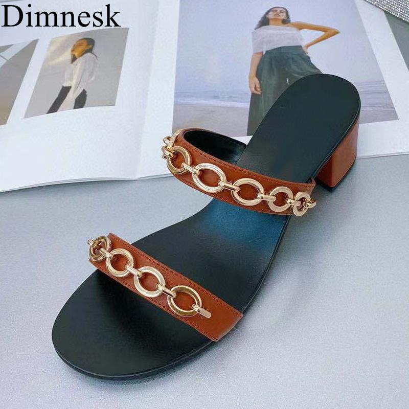 

Slippers Runway Chunky High Heel Women Genuine Leather Metal Chain Decor Simple Sandals Summer Ladies Party Vacation Shoes 2021, Black