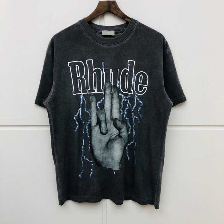 

Summer rhude fashion brand same flash palm wash old short sleeve t-shirt men's loose cotton tee, Dark gray