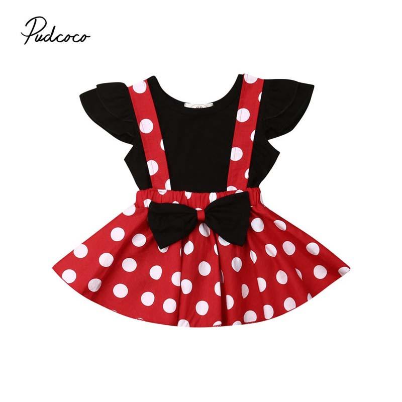 

Baby Summer Clothes Toddler Kid Girls Solid Tops T-shirt+Bowknot Suspender Dots Print Skirt 2PCS Outfit 6M-3T Skirts