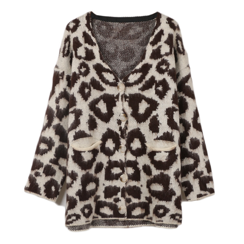 

Women' Jackets Vintage Autumn Winter Women Fashion V-neck Long-sleeved Leopard Print Loose Knit Cardigan Jacket Thick Coat Clothing 8RIC, Beige
