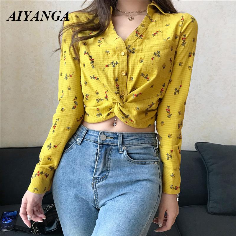 

Women' Blouses & Shirts Women Spring Floral Print Cotton Fashion Sexy Womens Tops And Blouse 2021 Summer Long Sleeve Female Crop Top, Yellow