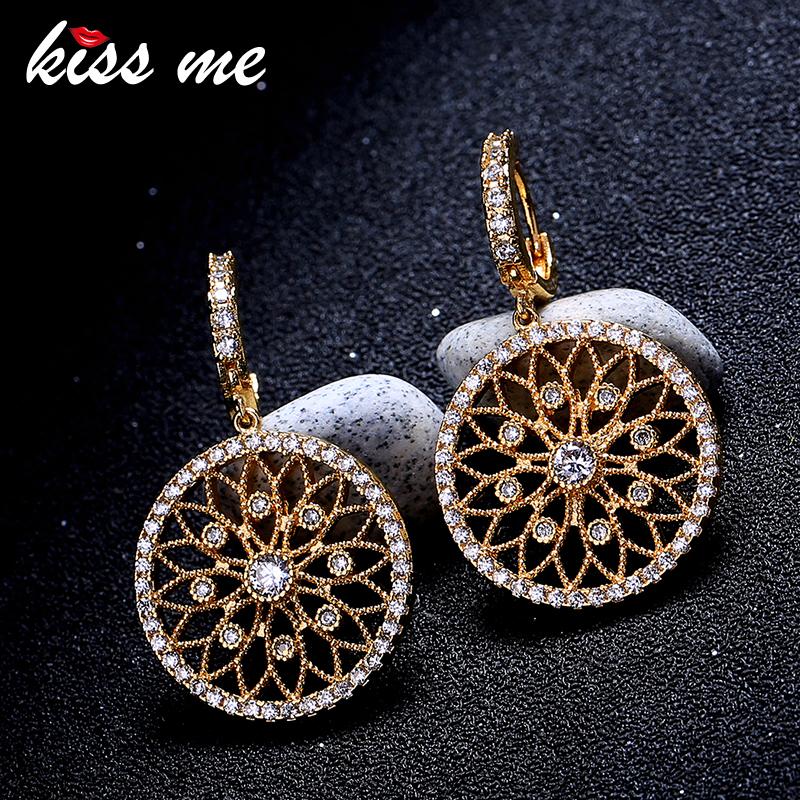

Dangle & Chandelier KISS ME Women Earrings Gold Color Copper Zircon Hollowed Flower Round Drop Korean Fashion Jewelry Accessories