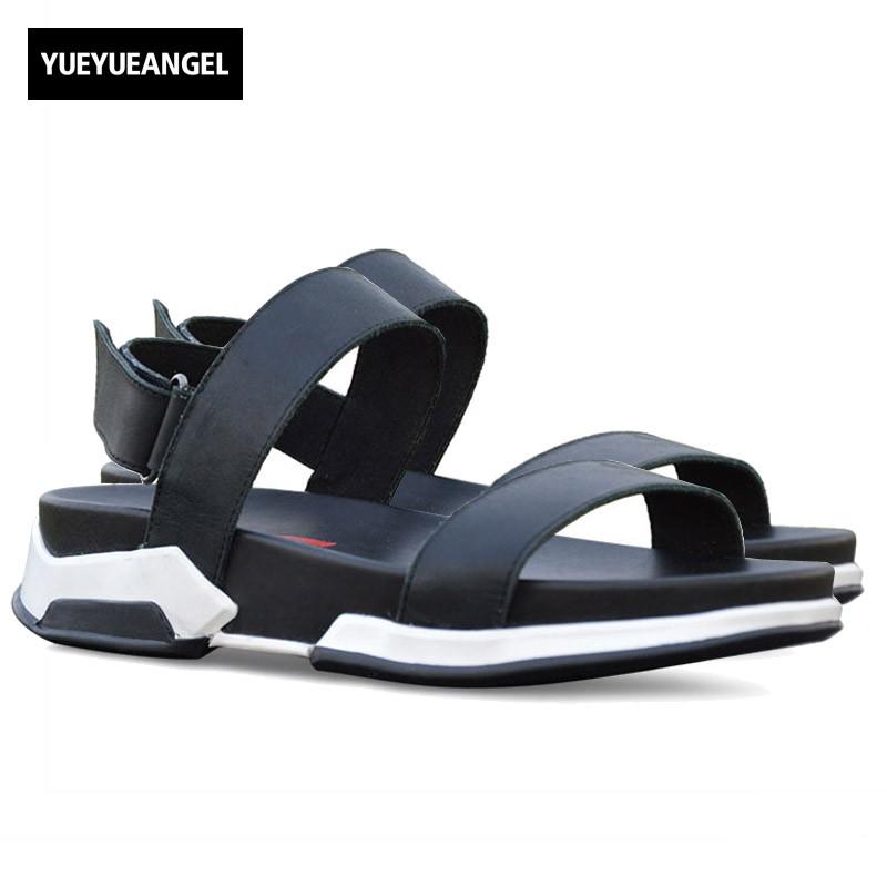 

Sandals 2021 Ankle Strap For Men Casual Beach Holiday Shoes Male Genuine Leather Fashion Thick Platform Slipper Footwear, Black