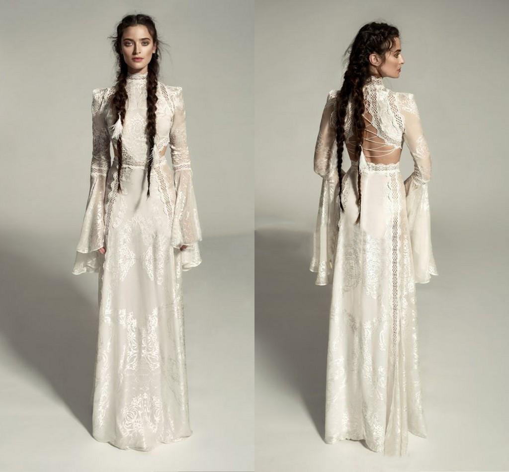 

Meital Zano Great Victoria Medieval Wedding Gown with Bell Sleeves Vintage Crochet Lace High Neck Gothic Queen Wedding Dresses, Fuchsia