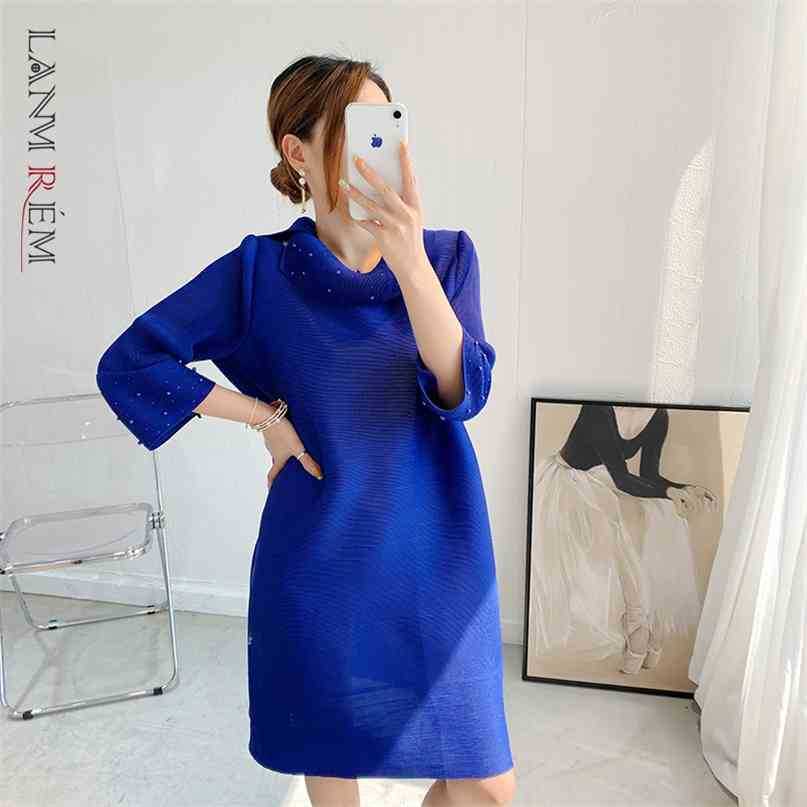 

Pleated Dress Summer Short Sleeve Lapel Dresses Solid Color Loose Large Size Slim Female Elegant Clothing 2D3785 210526, Black