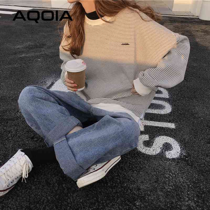 

Autumn Korean style Loose stripe Women Sweatshirt Streetwear Fake two pieces Plus Size Womens Hoodies INS Female Pullovers 210521, Black