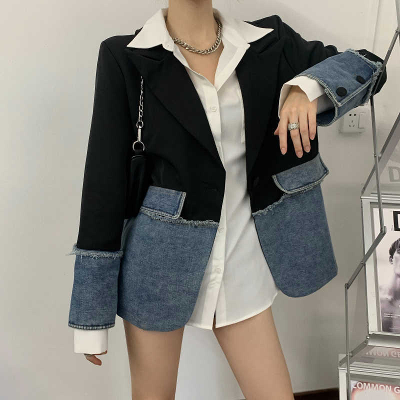 

Elegant Women's Denim Patchwork Long Sleeve Blazer Coat Spring Female Fashion Clothing 210526, Picture color