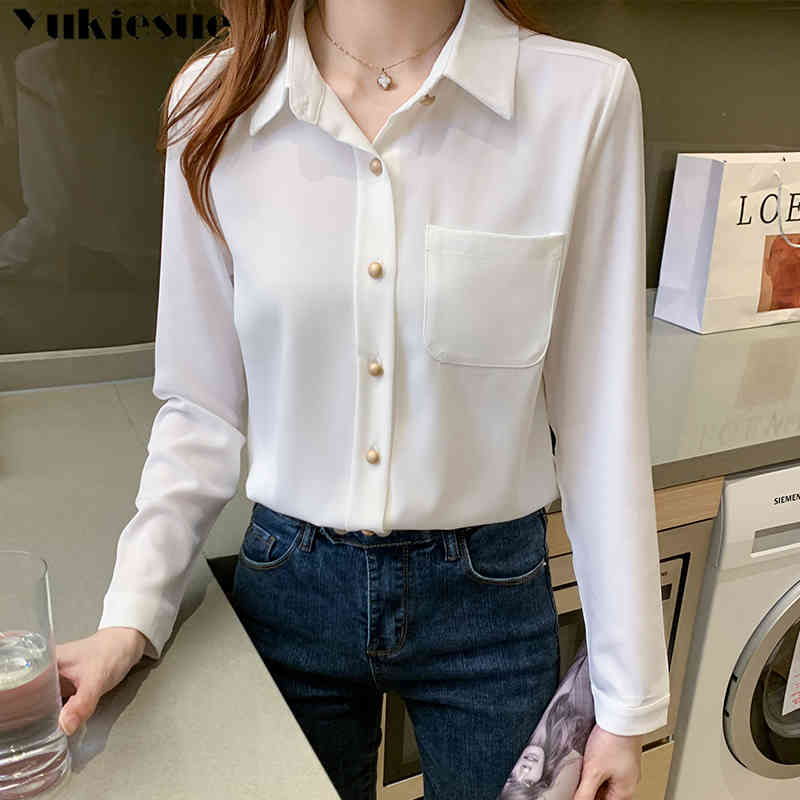 

Workwear White Blouse Women Elegant OL Shirts Long Sleeve Single-Breasted Turn-Down Collar Blouses Girls Sexy Tops Plus Size 210518, As picture