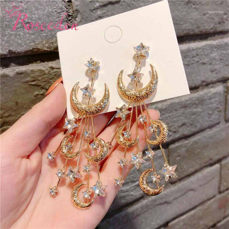 

Luxury Moon Stars Drop Earrings Big Rhinestone Wedding Earring Bride Bridesmaid Gift RE4114 Dangle & Chandelier, Silver