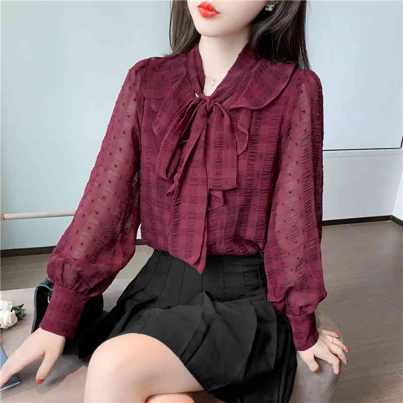 

Women' Blouses & Shirts Spring OL Long Sleeved Single-breasted Bow Trendy Dobby Chiffon Female Burgundy Beige ZPXW, Red