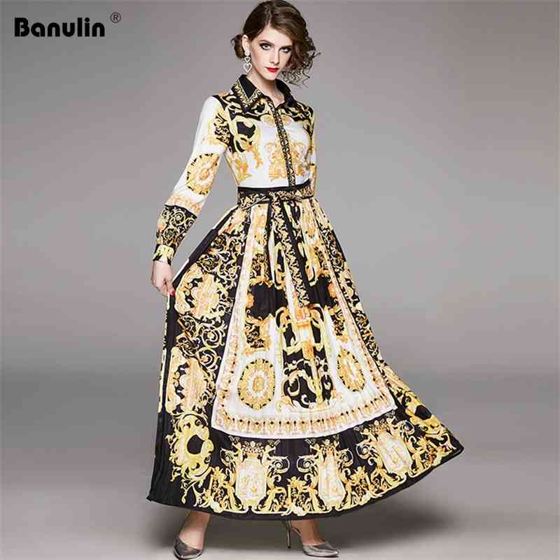 

Banulin Runway Designer Women's Maxi Dress Spring Vintage Baroque Floral Print Puff Sleeve Sashes Pleated Shirt 210603, Design and color