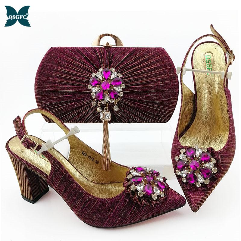 

Afrcian Arrival Italian Design Nigerian Fashion Crystal Style Women Shoes And Bag Set In Maganta Color For Party Dress, Black